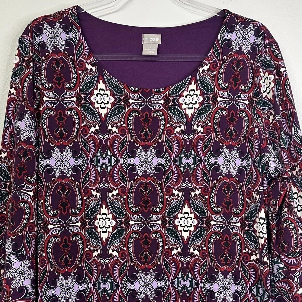 Chico's Pullover Boho Paisley 3/4 Bell Sleeve Knee Length Shift Dress Size 12/14